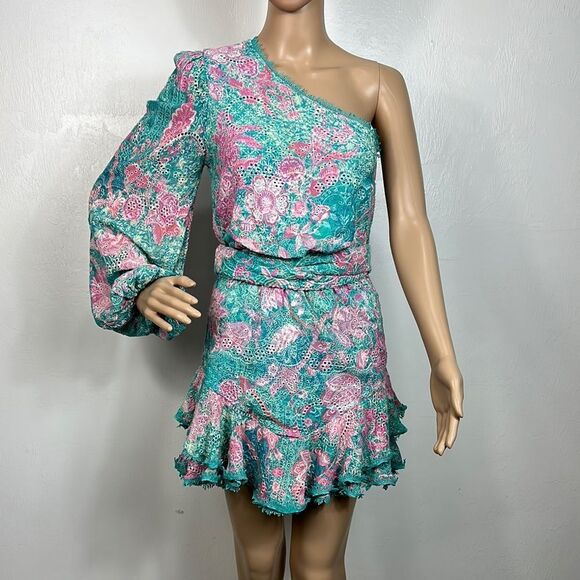 HEMANT & NANDITA Kefi One Shoulder Mini Dress in
Cyan Size S - Picture 4 of 13